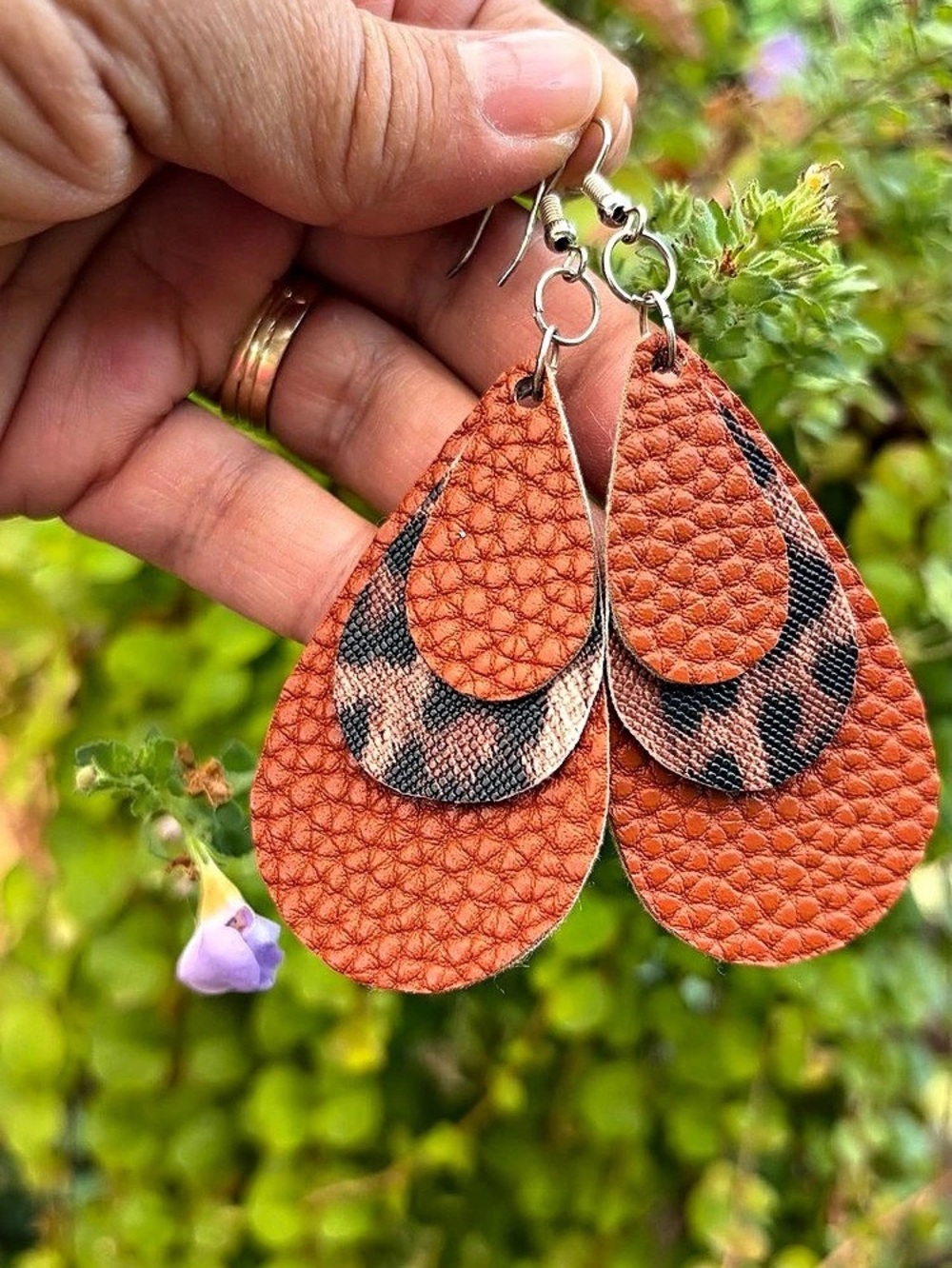 Earrings Orange Faux Leather Teardrop Drop Dangle Leopard Print Hook 3.25”